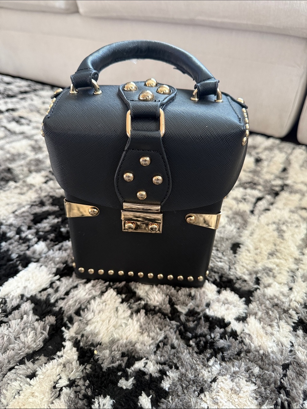 Black Leatherette Studded Top-Handle Bag with Gold Hardware